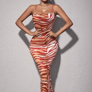 Red & Orange Zebra Print Satin Maxi Dress – XS
